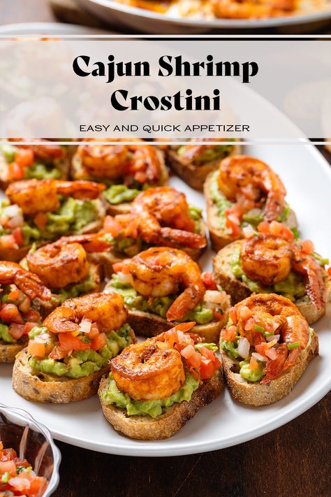 These Cajun Shrimp Crostini bites are an easy crowd pleasing appetizer that comes together in less than 30 minutes. Toasted baguette is topped with guacamole, fresh salsa, and spicy cajun shrimp. These make delicious party finger food or a fun and fancy movie night snack all year round! Shrimp Crostini, Fancy Party Food, Spicy Cajun Shrimp, Cajun Appetizers, Shrimp Appetizers Easy, Seafood Appetizers Easy, Fancy Appetizer Recipes, Party Finger Food, Toasted Baguette