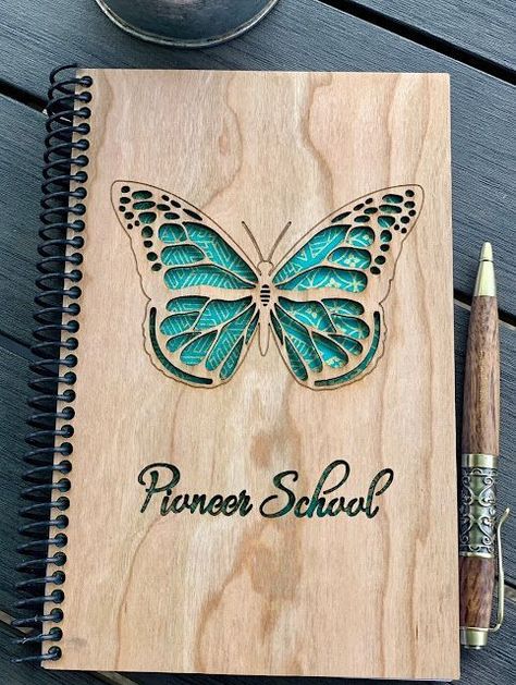 Wood Notebooks, Wood Journal, Wooden Notebooks, Wall Hanging Ideas, Laser Cut Decor, Jw Pioneer Gifts, Pioneer School, Laser Cut Wood Crafts, Hanging Ideas