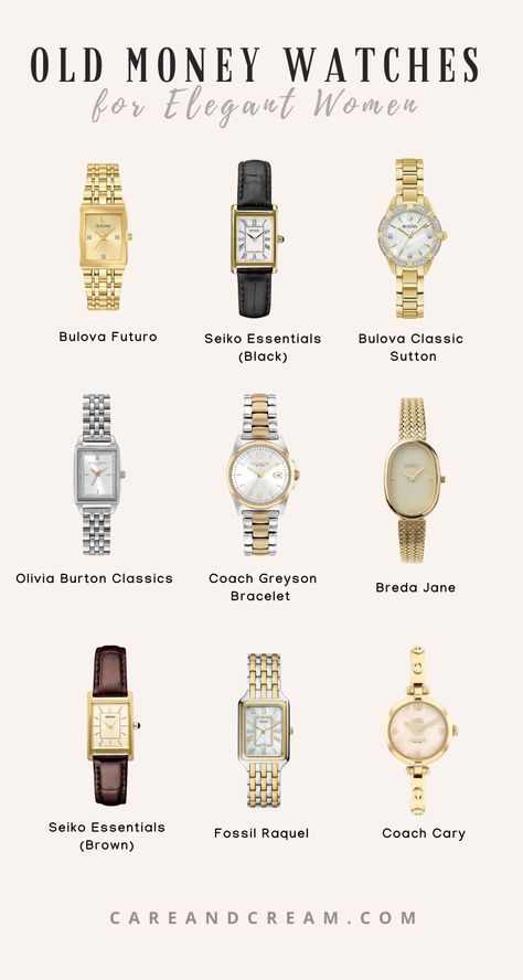 Explore the old money watch aesthetic with our blog post. This informative read not only showcases amazing old money watches women will adore, but also embodies the charm of timeless fashion. Embrace the vintage watch aesthetic, learn about old money style, classy watches. Perfect for those seeking a chic and affordable addition to their accessories. Watch Women Luxury, Watches And Jewelry, Vintage Watch For Women, Old Money Aesthetic Watch, Chic Watches Women, Old Money Women Accessories, Watches Old Money, Old Money Rings Woman, Women Vintage Watch