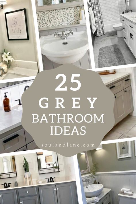 Mix various shades of grey, from charcoal to silver, to create a dynamic yet harmonious space. Use marble countertops or tiles with grey veining for a touch of luxury, and pair with soft, warm lighting to enhance the cozy atmosphere. Wooden accents in light or washed tones can add a natural, soothing touch, contrasting beautifully with the grey. These grey bathroom ideas invite relaxation and comfort, transforming your space into an elegant haven where every detail contributes to a serene and in Bathroom Decor White And Grey, Gray Cabinet Bathroom Ideas, Grey Bathroom With Black Accents, Light Grey Vanity Bathroom Ideas, Gray Small Bathroom Ideas, Grey Bathroom Remodel, Gray Bathroom Floor Tile Ideas, Gray Walls Bathroom, Bathroom Gray Floor