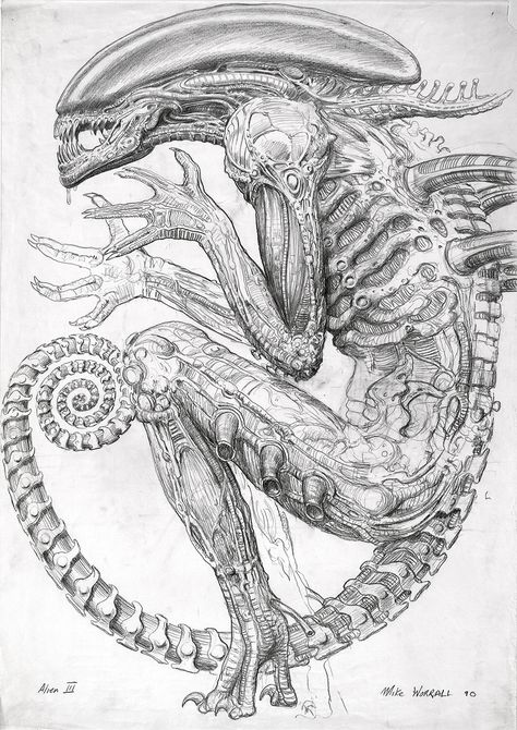 Never-Before-Seen Sketches That Inspired the Birth of Alien | Mike Worrall produced this 1990 concept drawing of the xenomorph for Alien3.  TM Hr Giger Art, Giger Alien, Giger Art, Alien Artwork, Art Alien, Arte Alien, Alien Vs Predator, Alien Vs, Alien Creatures