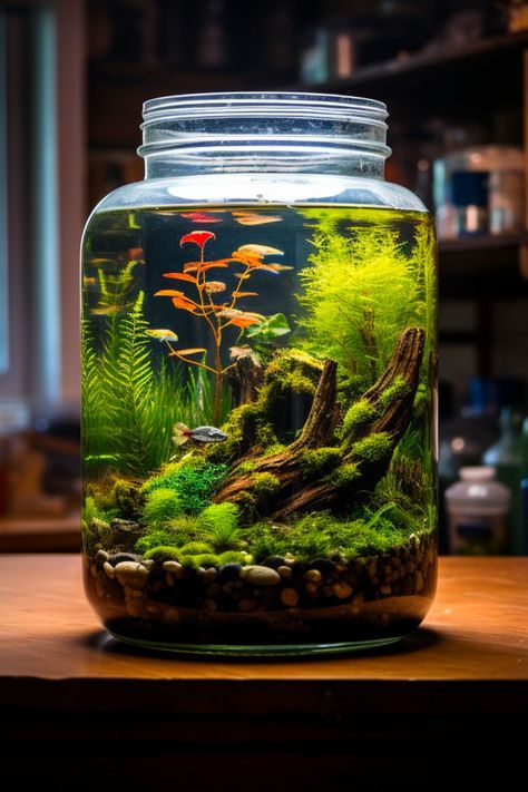 Experience the wonder of creating a self-sustaining ecosystem with a shrimp jar setup. Our detailed blog post covers everything from the initial setup to ongoing care. Click through to embark on your own eco-friendly project today. Glass Jar Aquarium, Aquarium In A Jar, Self Sustaining Ecosystem In A Jar, Shrimp Jar Aquarium, Small Shrimp Tank, Self Sustaining Aquarium, Water Terrarium With Fish, Eco System In A Jar, Jar Aquascape