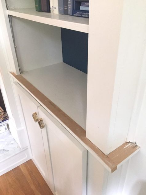 Updating & Adding Cabinet Doors To Built-In Bookcases - Shine Your Light Add Doors To Bookcase, Cabinet Door Ideas, Bookshelf Diy, Diy Cabinet Doors, Diy Fireplace Makeover, Bookshelf Cabinet, Bookcase Diy, Bookcase Door, Built In Cabinet