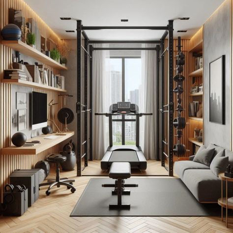 Achieve your fitness goals with these custom home gym designs for small spaces. Perfect for apartments and small homes. #HomeGym #SmallSpaces #CompactWorkout #FitnessJourney #CustomDesign Gym Library Room, Small Home Gym Office Combo, Half Gym Half Office, Minimalist Home Office Gym Combo Ideas, Small Office And Gym Combo, Home Gym Small Room, Office And Gym Room, Office Gym Combo Small Spaces, Home Gym And Guest Room Combo