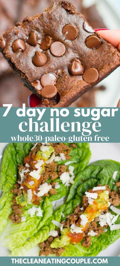 This free 7 Day No Sugar Challenge will make you more mindful about what's in your food. Complete with a healthy meal plan, recipes + simple tips. Learn about the benefits of giving up sugar, why sugar is bad, and how you can eat better! Let's do this! 19 Days No Sugar Challenge, No Bread No Sugar Diet Plan, How To Give Up Sugar, No Bread Dinner Meals, No Sugar Added Snacks, 19 Day No Sugar Challenge, No Sugar Snacks Clean Eating, Sugar Alternatives Healthy, No Sugar Or Carb Diet Food Lists