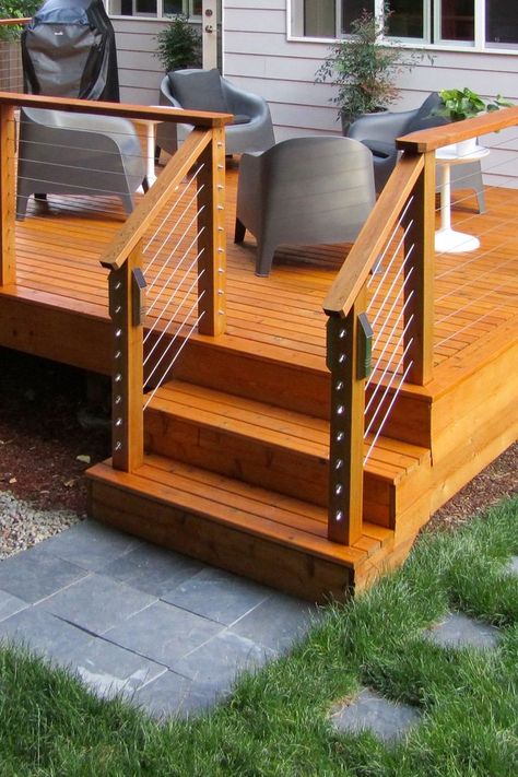 Hand Rail Ideas Outdoor Wood, Deck Handrail Ideas Wood, Wood Cable Railing Deck, Deck Hand Rails Ideas, Wood And Cable Deck Railing, Porch Wire Railing, Wood And Wire Railing, Wood Deck With Cable Railing, Chicken Wire Deck Railing