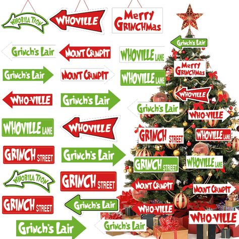 PRICES MAY VARY. Unique Design: These Christmas tree ornaments are available in 6 different designs, and can be combined with whoville sign elements. Well designed signs are instantly recognisable, and they make a great choice for Christmas tree decorations. Our Christmas tree ornaments are eye-catching and attention-grabbing, and can also be used as photo booth props. Excellent Material: These Christmas tree ornaments are made of high quality cardboard, which is lightweight and reusable. Our ca Whoville Christmas Decorations, Grinch Trees, Grinch Decorations, Whoville Christmas, Grinch Christmas Tree, Grinch Christmas Decorations, Grinch Ornaments, Paper Christmas Ornaments, Christmas Tree Branches