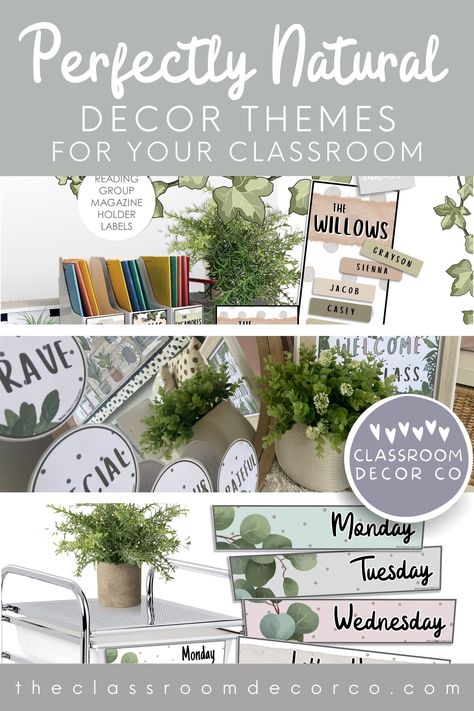 Get inspired with these natural class decor themes featuring eucalyptus accents, lush green plants and foliage, and a touch of boho farmhouse charm. Elevate your space with earthy tones and botanical elements for a fresh, inviting ambiance. Perfect for bringing a hint of nature indoors! Green Theme Classroom Decoration, Green Boho Classroom, Earthy Classroom Theme, Botanical Classroom Decor, Earthy Classroom Decor, Eucalyptus Classroom Theme, Botanical Classroom Theme, Greenery Classroom Theme, Nature Classroom Theme