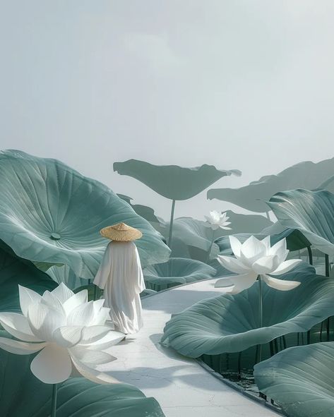 The image is a beautiful landscape of a pond with giant lotus leaves and flowers. A person wearing a conical hat is walking on a path through the pond ->> more details in ai-img-gen.com Giant Lotus, Green Picnic, Conical Hat, 3d Blender, Lotus Art, Lotus Pond, Lotus Leaves, A Pond, Buddhist Temple