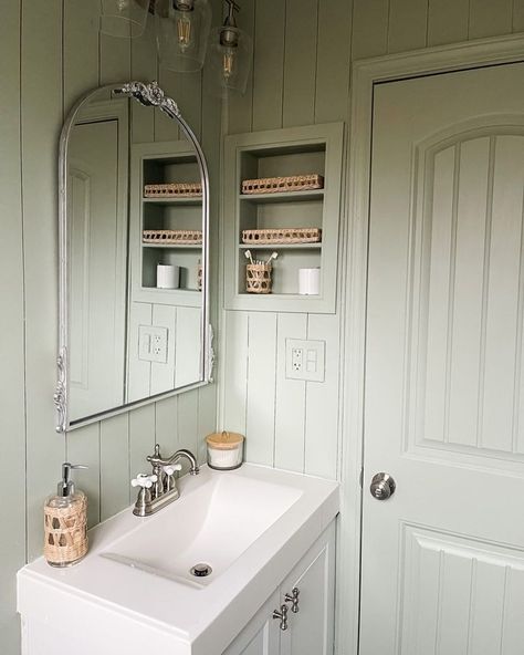 sherwin williams clary sage • Instagram Clary Sage Bathroom, Soft Sage Sherwin Williams, Clary Sage Sherwin Williams, Sage Sherwin Williams, Sherwin Williams Clary Sage, Deluxe Apartment, Zen Living Room, Renovation Inspiration, Divine Design