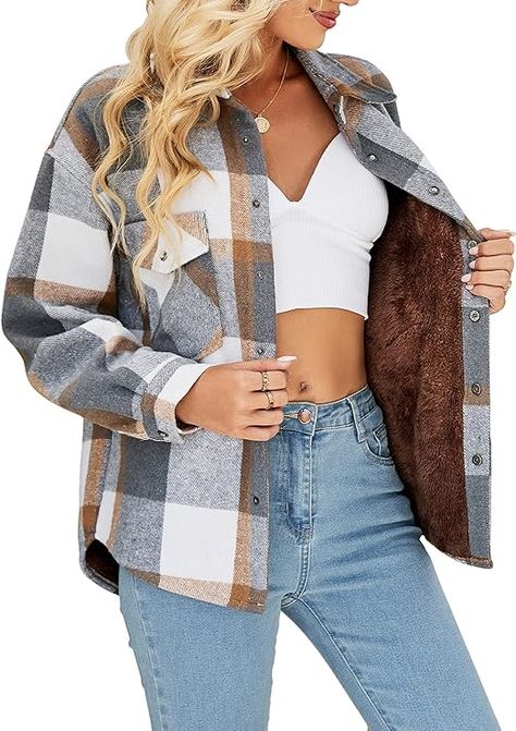 Gozoloma Sherpa Plush Fuzzy Fleece Lined Jacket Womens Plaid Flannel Shacket Jacket Lapel Button Fluffy Warm Winter Coat Flannel Shacket, Lined Flannel Shirt, Warm Coats, Fleece Lined Jacket, Womens Sherpa, Tartan Shirt, Womens Flannel Shirt, Womens Jackets Casual, Womens Thermal