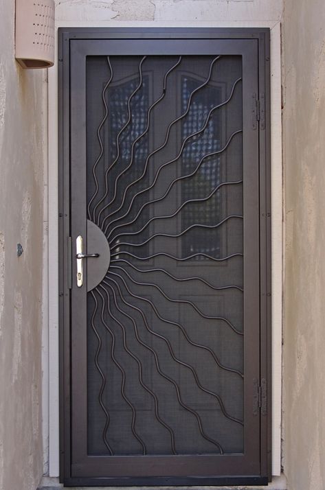 Sunray Handbent Security Screen Door - First Impression Ironworks Metal Screen Door Ideas, Security Door Design, Tor Design, Iron Security Doors, Porte In Ferro, Door Grill, Security Screen Door, Metal Doors Design, Steel Door Design