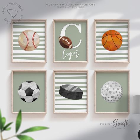 Green sports collection print set boys name, sports theme wall, sports art personalized gift, light green baseball football kid wall art boy ///// PLEASE NOTE ☛ ☛ ☛ FRAMES ARE NOT INCLUDED ☚ ☚ ☚ Thank you for choosing Design South. 🌸 I take pride in creating all of my designs. These timeless sports theme wall art prints will redefine the walls of a boy's nursery, playroom or bedroom. Each design is curated with a passion and vision to create inspired spaces for you and your little ones. Rea Kid Wall Art, Sports Nursery Theme, Boy Sports Bedroom, Sports Nursery, Sport Bedroom, Green Sports, Toddler Boys Room, Baby Boy Room Nursery, Theme Wall