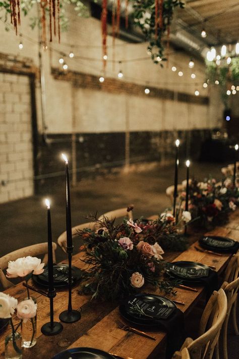 Black Taper Candles Wedding Table, Moody Forest Wedding Decor, Dark And Moody Table Settings, Dark Moody Table Setting, Dark Southern Wedding, Dark Tones Wedding, Moody Romantic Centerpieces, Rustic And Black Wedding, Classic Moody Wedding