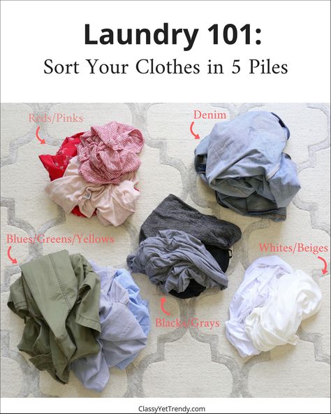 Laundry 101: A Simple 3-Step Guide - Classy Yet Trendy Laundry Separation Guide, How To Sort Laundry Colors, Laundry Tips For Beginners, Laundry Sorting Guide, Laundry Clothes Sorting, How To Separate Laundry Colors, Laundry Color Sorting Chart, Laundry Sorting Ideas, Laundry Business Design