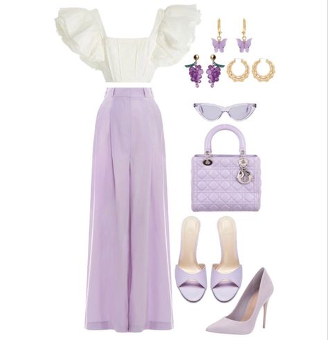 Light purple pants paired with a white top with ruffle sleaves. Choice of purple heels. A purple handbag. Fun purple sunglasses. Either purple earrings or gold earrings. Purple Semi Formal Outfit, Purple And White Dress Outfit, Outfits With Light Purple Pants, Lavender And Gold Outfit, Purple Earrings Outfit, Pale Purple Outfit, Purple And Silver Outfit Ideas, Purple And White Outfits For Women, Purple Sunglasses Outfit