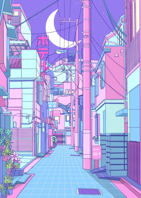 Neon City, 80s Neon, Vaporwave Art, Kawaii Room Decor, City Illustration, Kawaii Room, Korean Street, Kids Art Prints, Home Poster