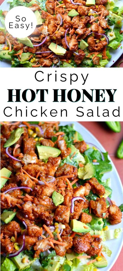 Sweet honey with spicy cayenne pepper, let me introduce you to my crispy hot honey chicken salad. It’s my favorite, favorite, favorite salad inspired by my love of sweet and spicy flavors, crispy chicken, and super easy and nourishing high-protein meals. I have made this chicken salad no less than 10 times in the last month and I already can’t wait to make it again! Hot Honey Vinaigrette, Hot Honey Chicken Salad, Chicken Salad With Yogurt, Honey Chicken Salad, High Protein Chicken Salad, Chicken Tender Salad, Salad With Yogurt Dressing, Protein Salad Recipes, Crispy Chicken Salads