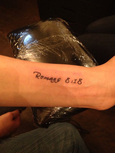 Romans 8:18 - this font but behind on my lower neck w/ a small + between Romans and the numerals. Romans 818, 818 Tattoo, Romans Tattoo, Romans 8 28 Tattoo, 28 Tattoo, Font Tato, Roman Tattoo, Biblical Tattoos, Arm Tats