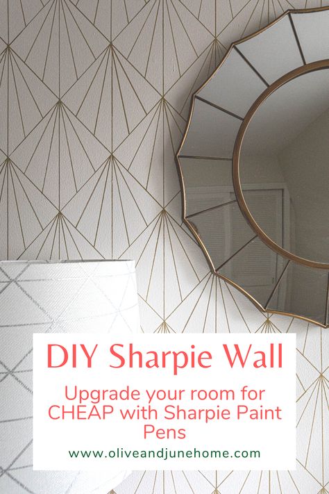 I had a blast creating this DIY Sharpie wall - and it only cost me around $14! Better yet, anyone can do it! In my post, I share how I created this awesome art deco-inspired design. But the best thing about a DIY Sharpie wall is that it's completely customizable! #DIYSharpieWall #SharpiePaintPen #SharpieAccentWall #SharpieWallTutorial Diy Sharpie Wall Art, Paint Pen Wall Design, Diy Sharpie Wall, Sharpie Wall Art Diy, Sharpie Wall Art, Washi Tape Wall Art Diy, Washi Tape Diy Wall, Wall Paint Treatments, Sharpie Wall