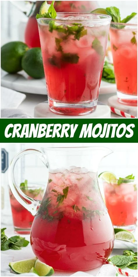 Cranberry Mojitos recipe from RecipeGirl.com #cranberry #mojitos #mojito #cocktail #drink #recipe #RecipeGirl Thanksgiving Mojito Recipe, Cranberry Mojito Mocktail, Cranberry Mojito Recipe, Cranberry Mojito Recipe Pitcher, Thanksgiving Mojito, White Christmas Mojito Recipe, Christmas Mojitos, Christmas Pitcher Cocktails, Christmas Mojito Recipe