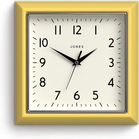 Amazon.com: JONES CLOCKS® The Mustard Wall Clock - Analog Wall Clock - Retro Clock - Kitchen Wall Clocks - Easy to Read Dial - Square Wall Clock - British Design - 10in Clock (Neo-Mint) : Home & Kitchen Square Clock, Square Clock Design, Large Wall Clock Square, Small Square Black Metal Wall Clock, Westclox Vintage Wall Clock, Mustard Walls, Yellow Wall Clocks, Retro Wall Clock, Kitchen Wall Clocks