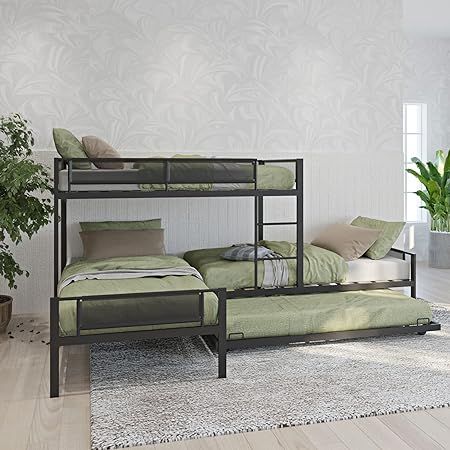 Metal Triple Bunk Beds with Trundle, L-Shaped Quad Bunk Bed Twin Over Twin for 4 Kids, Heavy Duty 4 Bunkbeds Frame for Teens Girls Boys Adults, Bedroom, Dorm, Black 3 Bunk Beds, L Shaped Bunk Beds, Triple Bunk Beds, Low Bunk Beds, Triple Bunk Bed, Triple Bunk, Support Beam, Bed Full, Bed With Trundle