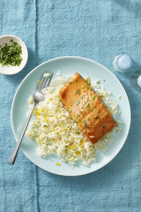 Garlic Butter Salmon and Citrus Ricewomansday Citrus Rice Recipe, Garlic Butter Salmon In Foil, Citrus Rice, Lemon Garlic Butter Salmon, Rice Diet, Salmon In Foil, Salmon Soy Sauce, Garlic Butter Salmon, Butter Salmon