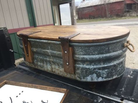 livestock water trough turned coffee table, home maintenance repairs, painted furniture, ponds water features Livestock Water Trough, Diy Farmhouse Coffee Table, Koti Diy, Galvanized Tub, Metal Tub, Water Trough, Coffee Table Farmhouse, Futurism, Home Maintenance