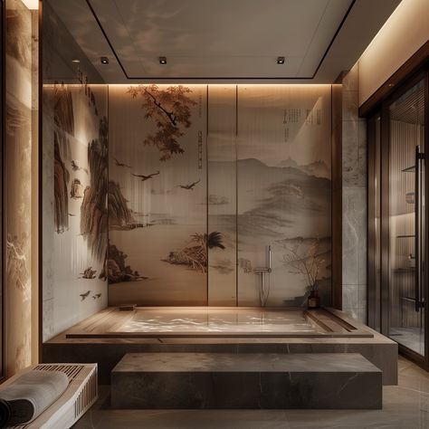 Spa-inspired bathroom featuring a large, colorful painting above a freestanding bathtub. Modern Contemporary Mansion, Chinese Interior Design Traditional, Chinese Bathroom, Chinese Mansion, Chinese Interior Design, Contemporary Mansion, Tranquil Bathroom, Statement Artwork, Chinese Interior