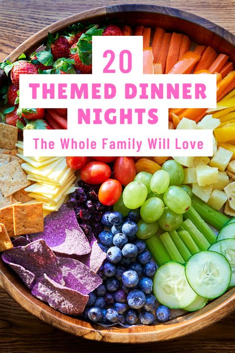 Looking for new dinner inspiration? These themed nights are a fun way to mix up your meal planning and enjoy something different. Dinner Themes For Groups, Fun Birthday Dinner Ideas Families, Weekly Dinner Theme Nights, Week Of Family Dinners, Fun Party Dinner Ideas, Fun Family Dinners To Make Together, Fun Family Food Ideas, Game Night Dinner Ideas Meals, Themed Family Dinner Nights