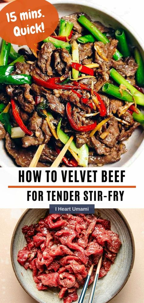 Learn how to make tender beef stir fry with the Chinese velveting beef technique, the best beef cut, how to tenderize, slice, and marinate. #beefstirfry #velvetbeef #tenderbeef #stirfry #stirfrybeef Velveted Beef, Velvet Beef, Velveting Meat, Chinese Beef Stir Fry, Velveting Beef, Umami Recipes, Gluten Free Asian Recipes, Budget Friendly Dinner Recipes, Easy Suppers