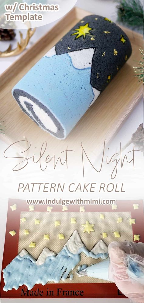 Silent Night Christmas Cake Roll with Peppermint Whipped Cream - Indulge With Mimi Roll Cake Christmas Decoration, Holiday Cake Roll Recipes, Inlay Roll Cake, Decorated Roll Cake, Christmas Dessert Roll Cake, Pattern Cake Roll Design, Thanksgiving Swiss Roll Cake, Thanksgiving Cake Roll, Cake Roll Pattern