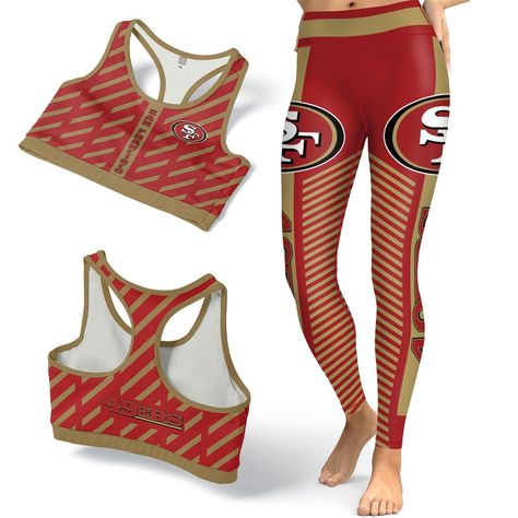 San+Francisco+49ers+Stripes+Outfit+Fitness+Set+Leggings+and+Bra Outfit Sweatpants, Stripes Outfit, Outfit Fitness, Nfl San Francisco, Sports Bra Top, Stripe Outfits, Workout Attire, Leggings Set, Racerback Sports Bra