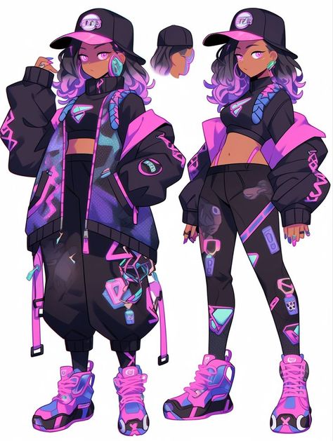 Cyberpunk Anime Outfit Design, Anime Cyberpunk Design, Cyberpunk Clothes Design Drawing, Cyberpunk Outfit Reference, Cyberpunk Fantasy Outfit, Colorful Cyberpunk Outfit, Cyberpunk Anime Oc, Outfit Ideas Cyberpunk, Cute Cyberpunk Outfits