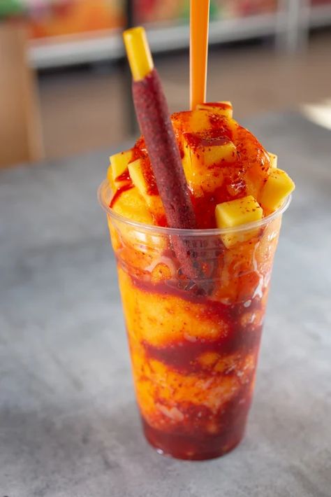 What is Chamoy, What it Tastes Like, and How to Use The Spicy Sauce Mexican Snacks Aesthetic, Fruit Chamoy, Chamoy Fruit, Spicy Mexican Food, Mexican Snack Foods, Spicy Food Mexican, Spicy Chips, Spicy Fruit, Chamoy Sauce