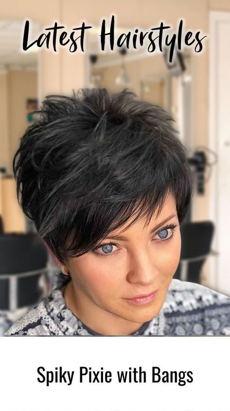 spiky-pixie-with-bangs Short Hair Not Pixie, Pixie Hair For Fine Hair, Short Bangs Long Hair Hairstyles, Women's Short Spiky Haircuts, Spiky Pixie Haircut Spikes Shaved Sides, Spunky Pixie Haircut, Wispy Short Hairstyles, Spiky Pixie Haircut Spikes With Bangs, How To Style Spiky Pixie Haircut