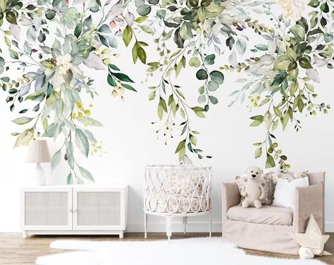 Green Leaf Wallpaper, Sustainable Interior Design, Tree Mural, Plant Wallpaper, Mural Floral, Hanging Garden, Leaf Wallpaper, Textured Wall, Green Colour