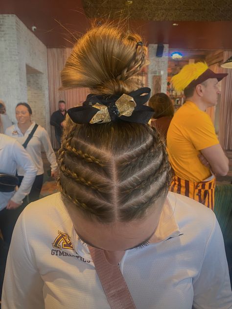 Competition Hair Cheerleading, Hair Ideas For Gymnastics Meets, Gymnastics Comp Hair, Gymnastics Competition Hair Braids, Braids For Gymnastics, College Gymnastics Meet Hair, Meet Hair Gymnastics, Hairstyles For Gymnastics Competitions, Cheer Comp Hair