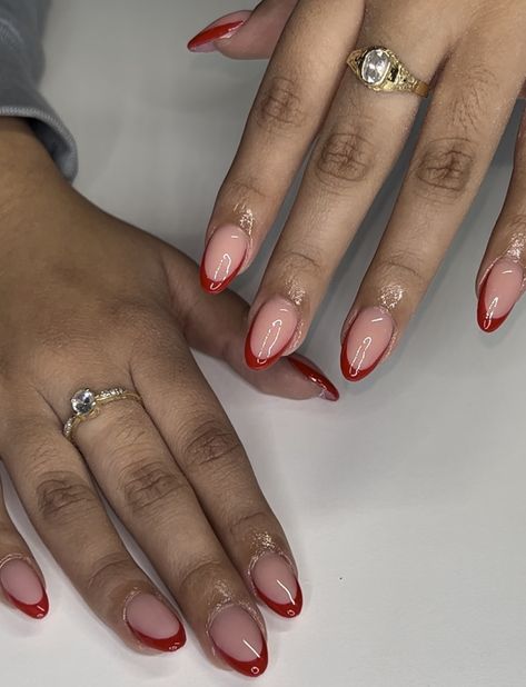 Dark Red Tip Nails Almond, Red Oval French Tip, Red French Tip Dip Powder Nails, Small Red French Tip Nails, Round Red French Tip Nails, Red French Tip Nails Oval, Alomd Nails Ideas French Tip, Colored French Tips Almond, Almond Nails Red Tip