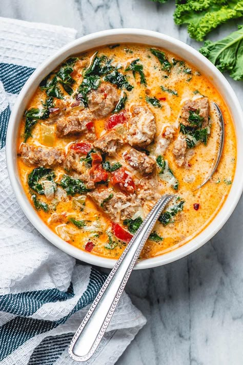 Instant Pot Keto Tuscan Soup - #instantpot #soup #eatwell101 #recipe - Creamy and hearty, you'll enjoy every spoonful of this Instant Pot Keto Tuscan Soup. - #recipe by #eatwell101 Keto Tuscan Soup, Keto Soup Recipes, Tuscan Soup, Keto Instant Pot, Keto Soups, Hot Italian Sausage, Sausage Soup, Keto Soup, Instant Pot Soup