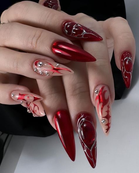 Edgy Red Nails, Villain Nails, Fur Nails, Emerald Nails, Punk Nails, Edgy Nails, Goth Nails, Grunge Nails, Vibrant Nails