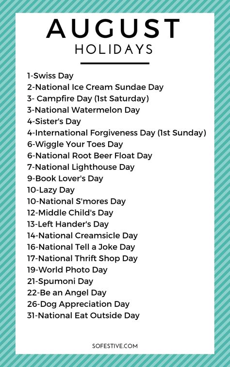 August Holidays- Food & Random holidays to celebrate in August plus a free printable list Yearly Holidays List, Random Holidays Calendar, Holidays In August, Food Random, List Of Holidays, Monthly Holidays, National Holiday Calendar, Random Holidays, Funny Holidays