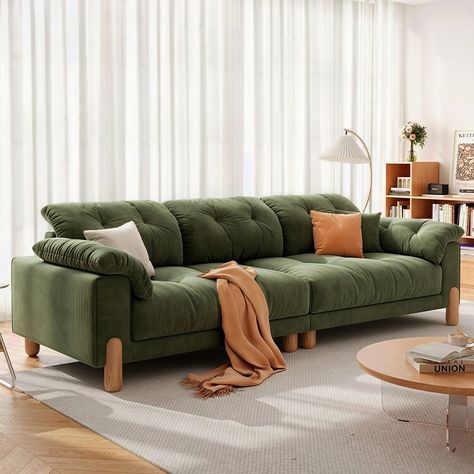 94.5" Modern Green Corduroy Upholstered Sofa Loveseat Couch Sofa with Solid Legs 3 Seat Sofa for Living Room Tall Sofa, Green Sofas, Toronto Apartment, Corduroy Sofa, Green Couch, Couch And Loveseat, Wood Sofa, Luxurious Fabric, Sofa Upholstery