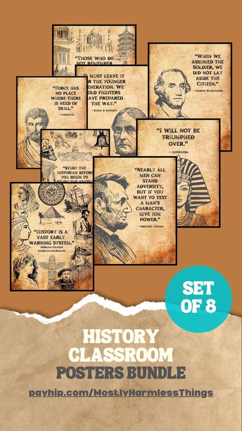 A History Classroom poster set with thoughtfully chosen visuals from American and world history as well as Presidents' quotes and other historical elements. The wall art set holds attention and creates a stimulating environment. Utilize it as a focal point to spark curiosity and inspire students as they enter your history classroom room. History Teacher Gifts, World History Classroom, History Quiz, History Wall, History Posters, Classroom Quotes, History Classroom, History Class, History Teachers