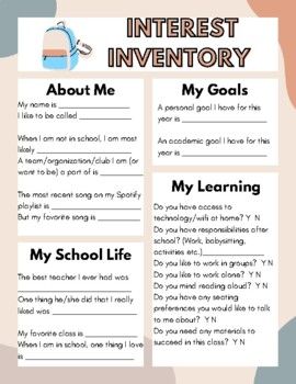 Too many "All About Me" activities are created for elementary school students; get to know your middle and high school students with this simple interest inventory. Learn about their likes/dislikes and goals while also gathering important information for you as a teacher (access to wifi, obligations outside of school).Sentence frames make this a short and simple activity, while also offering support for ELL and SPED students, as well as struggling readers. Student Inventory Elementary, Get To Know Me Middle School, All About Me High School Activity, Middle School Get To Know You Activities, All About Me High School, All About Me Middle School, Interest Inventory Elementary, Student Interest Inventory, Teacher Questionnaire