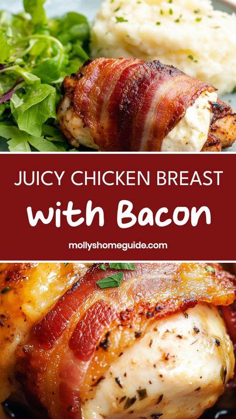 Indulge in a mouthwatering dish of juicy chicken breast wrapped in crispy bacon for the ultimate savory experience. This recipe combines tender chicken with smoky bacon for a perfect combination of flavors. Whether you're meal prepping or hosting a special dinner, this chicken breast with bacon will surely impress your taste buds and your guests. Try out this delicious and easy-to-make recipe tonight! Bacon Wrap Chicken Breast, Chicken Breast With Bacon Recipes, Chicken Breast Bacon Recipes, Bacon And Chicken Recipes, Chicken Breast And Bacon Recipes, Split Chicken Breast Recipes Bone In, Bacon Stuffed Chicken Breast, Things To Make With Chicken, Chicken And Bacon Recipes