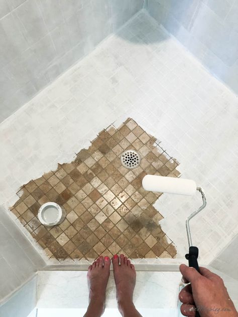 How To Paint Tile Shower Walls, White Painted Bathroom Tile, How To Paint Ceramic Tile Bathroom Walls, Painting Bathroom Shower Tile, Tile Refinishing Bathroom, Painted Tile Shower Wall, Can You Paint Shower Tile Walls, Painting Small Bathroom Tiles, Painting Shower Floor Tile