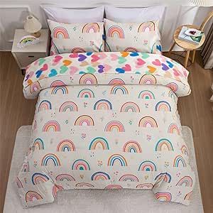 Btargot 5 Piece Multi-Color Rainbow Comforter Set for Girls Boys Kids, Full Size Cartoon Love Hearts Flowers and Sun Star Bedding Set, Bed in a Bag with Comforter, Sheets and Pillowcases Rainbow Pattern Design, Rainbow Comforter, Girls Comforter Sets, Girl Comforters, Star Bedding, Cozy Bedding Sets, Full Size Comforter, Twin Size Comforter, Twin Comforter Sets