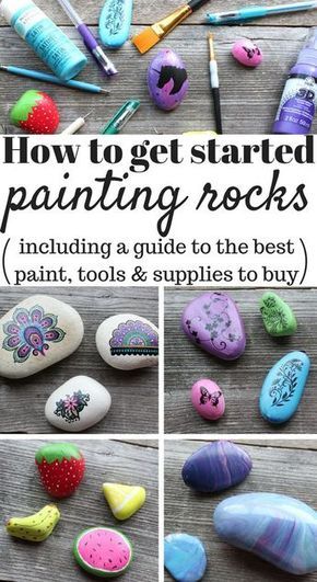 How to get started painting rocks (including a guide to the best paint, brushes, dotting tools, supplies and more!) What Kind Of Paint To Use On Rocks, Best Paint For Rocks, Beginning Rock Painting, How To Paint On Rocks, Painting Rocks Ideas Easy, Thumbtack Art, How To Paint Rocks, Rock Painting Supplies, Painting Stones